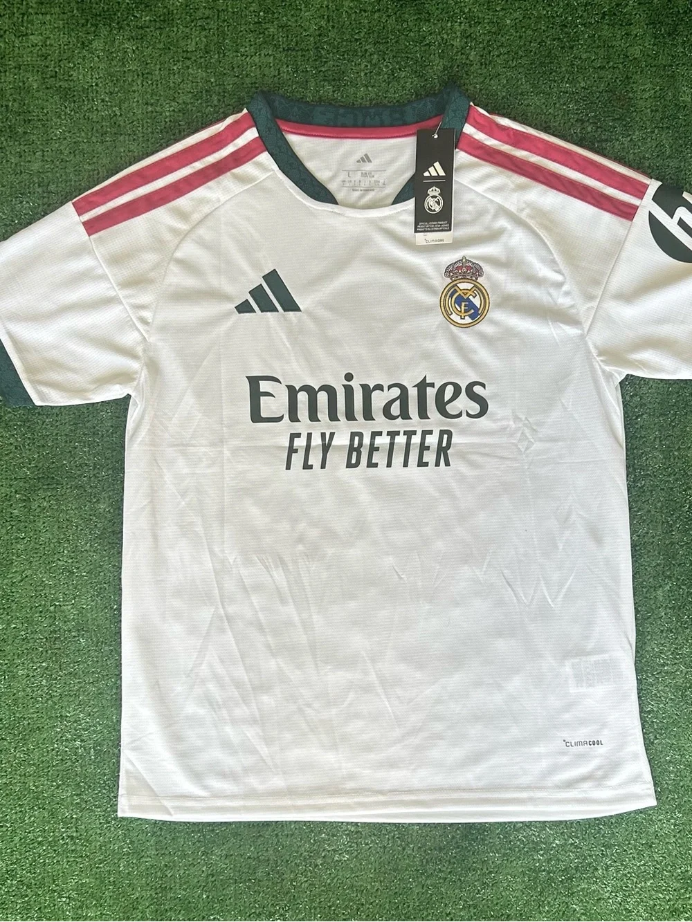 adidas White Kids Soccer Jersey Bellingham #5 with Dark Green Accents